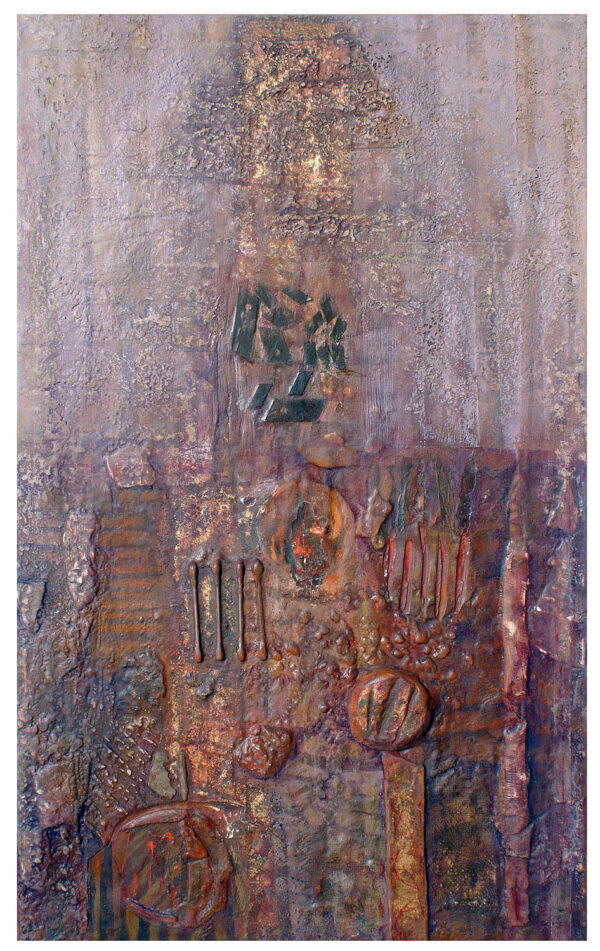 Polvo de mármol, pigmentos, pan de oro y óleo sobre collage y madera 73x45 cm. 2014.