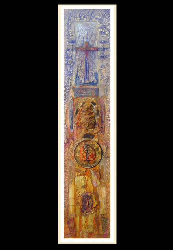 "ARRISCADO" Polvo de mármol, pigmentos, pan de oro y óleo sobre collage y madera. 89x19 cm. 2014 / Colección particular.