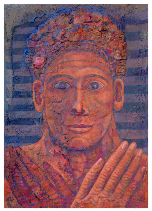 "ROSTRO SERENO" previo en proceso" Polvo de mármol, pigmentos, y óleo sobre collage y madera preparada. 48x30 cm. 2014.