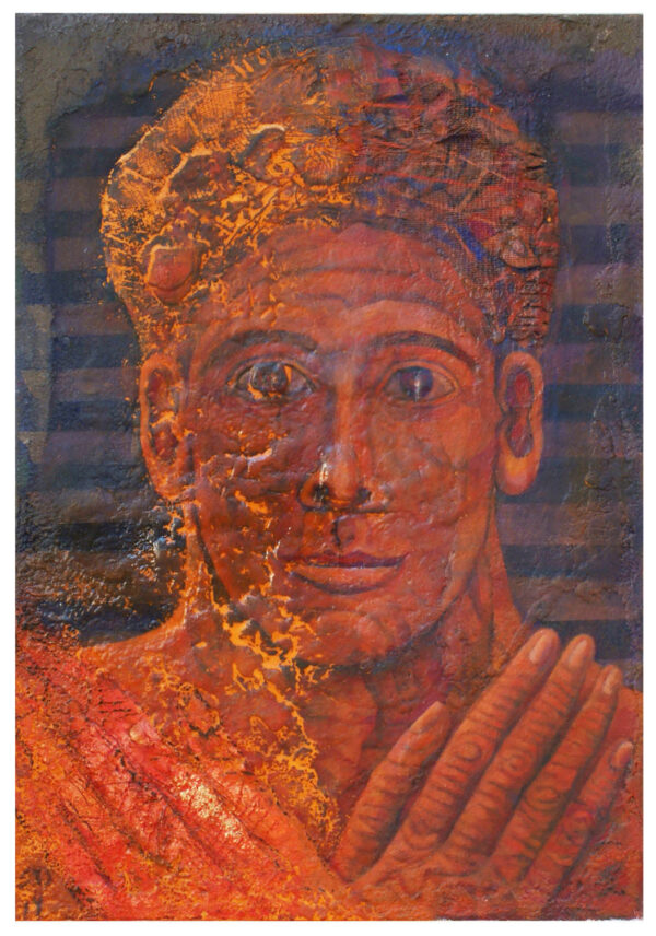 "ROSTRO SERENO" previo en proceso. Polvo de mármol, pigmentos, y óleo sobre collage y madera preparada. 48x30 cm. 2014.