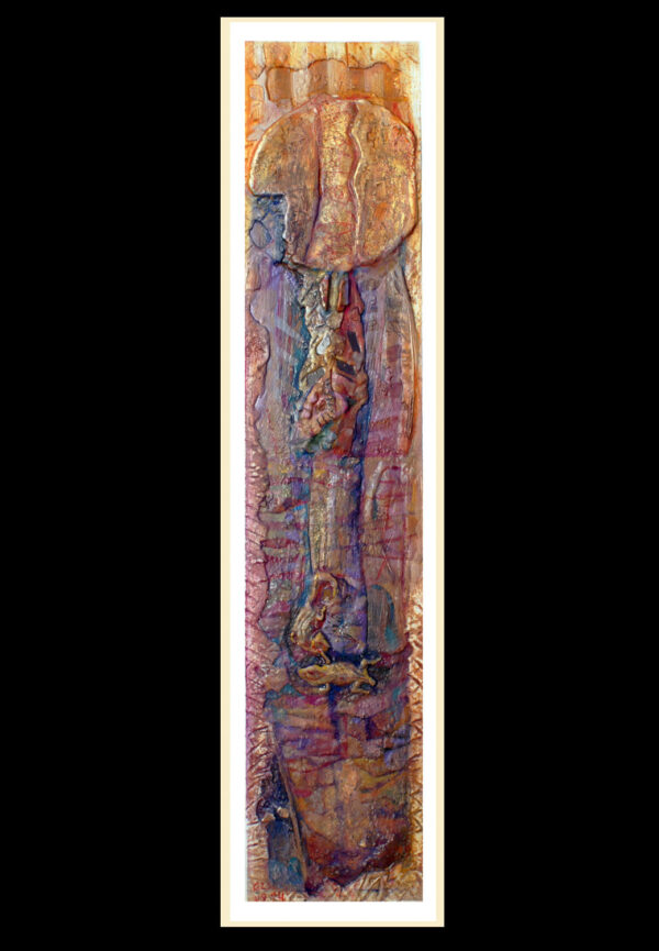 "DESORDEN" Polvo de mármol, pigmentos, pan de oro y óleo sobre collage y madera. 89x19 cm. 2014.