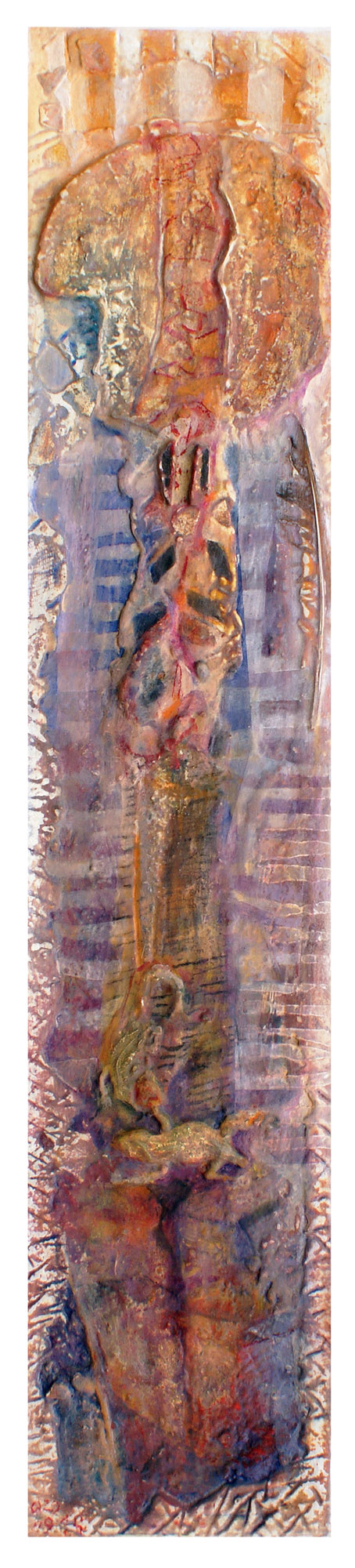 "DESORDEN | previo" Polvo de mármol, pigmentos, pan de oro y óleo sobre collage y madera. 89x19 cm. 2014.