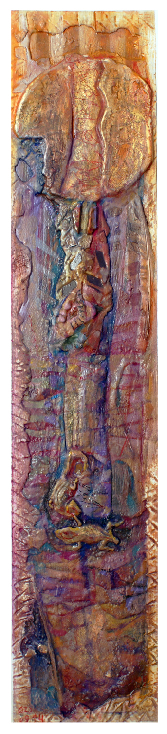 "DESORDEN" Polvo de mármol, pigmentos, pan de oro y óleo sobre collage y madera. 89×19cm. 2014.