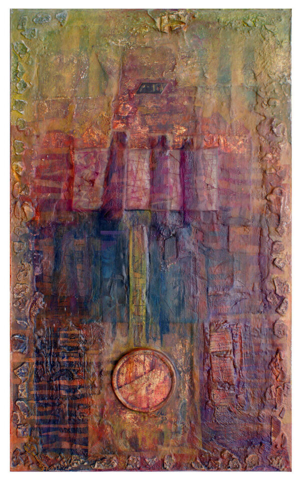 "ATARDECER EN EL ABISMO" Polvo de mármol, pigmentos, pan de oro y óleo sobre collage y madera. 73x45cm. 2014.