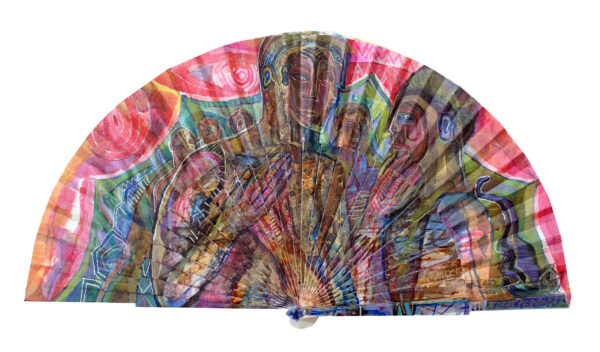 "HORAS PERDIDAS" | Esmalte, acrílico, tintas chinas, rotuladores sobre abanico en tela blanca. Reverso esmalte blanco. Semicírculo 50 cm. Diámetro. 2014. Colección particular.