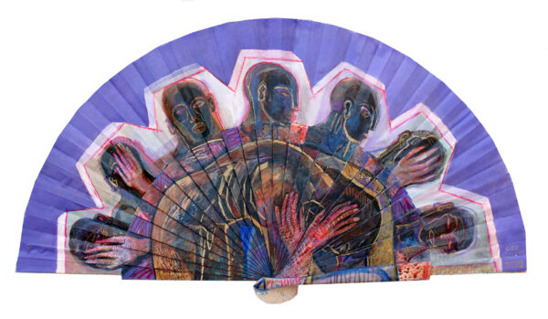 "EL VERGONZOSO" Esmalte, acrílico, tintas chinas, rotuladores sobre abanico en tela blanca. Reverso esmalte blanco. Semicírculo 50 cm. Diámetro. 2014. Colección particular.