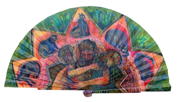 "TRES MOVIMIENTOS" Esmalte, acrílico, tintas chinas, rotuladores sobre abanico en tela blanca. Reverso esmalte blanco. Semicírculo 50 cm. Diámetro. 2014 / Colección particular.