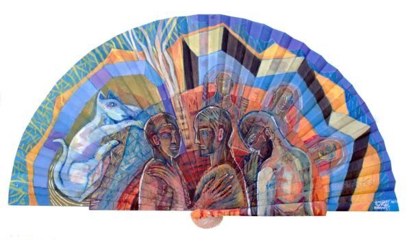 "ENCUENTRO SINCERO" Esmalte, acrílico, tintas chinas, rotuladores sobre abanico en tela blanca. Reverso esmalte blanco. Semicírculo 50 cm. Diámetro. 2014. Colección particular.