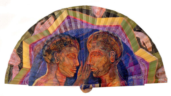 Esmalte, acrílico, tintas chinas, rotuladores sobre abanico en tela blanca. Reverso esmalte blanco. Semicírculo 42 cm. Diámetro. 2014 / Colección particular.