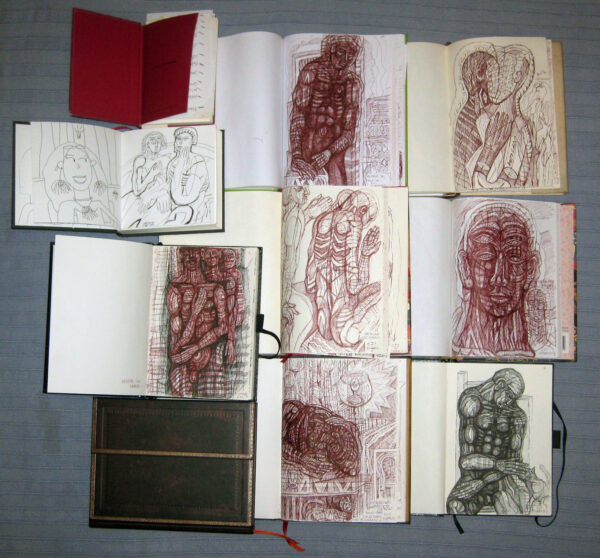 Muestra de mis libros de artista. Libros realizados sobre cuadernos de 22x16 cm. con encuadernación dura y realizados los dibujos y los textos con bolígrafos Pilot G-TEC-C4 sepia, negro, azul y rojo respectivamente en la incorporación de colores. Desde 2009 hasta 2014 un total de siete libros. Junio de 2014.