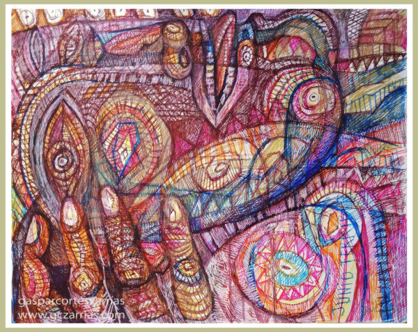 "DÓNDE ESTOY YO? ¿DÓNDE VOY ? ¿HACIA DÓNDE?" | LIBRO XIII Dibujo 10. 17x22cm. Diversas tintas de bolígrafo de gel. 10-13_06_2019 / Colección de artista.