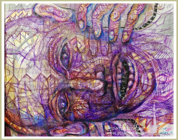 "AÚN ESTOY VIVO" | LIBRO XIII Dibujo 18 17x22cm. Diversas tintas de bolígrafo de gel. 10-11_10_2019 / Colección de artista.