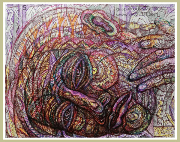 "TERRIBLE SOLEDAD /ATAQUE DE PÁNICO" | LIBRO XIII Dibujo 5. 17x22cm. Diversas tintas de bolígrafo de gel. 16-18_05_2019 / Colección de artista.