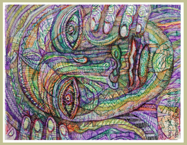 "SUJETANDO EL DOLOR" | LIBRO XIII Dibujo 6. 17x22cm. Diversas tintas de bolígrafo de gel. 19-24_05_2019 / Colección de artista.