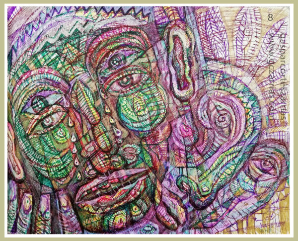 "SESENTA Y NUEVE LÁGRIMAS" | LIBRO XIII Dibujo 8. 17x22cm. Diversas tintas de bolígrafo de gel. 30-31_05_1-4_06_2019 / Colección de artista.