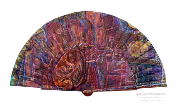 | "A CHUQUIMONA / ENTERRANDO LA MEMORIA" | | anverso | Esmalte, acrílico, tintas chinas, rotuladores, sobre abanico en tela marrón. Reverso esmalte blanco línea bronce. Semicírculo 50 cm. Diámetro. 16-21 de julio 2023. Colección particular.