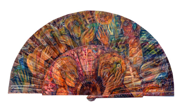 | "NI UNA SÓLA LÁGRIMA" | | anverso | Esmalte, acrílico, tintas chinas, rotuladores, pan de oro, sobre abanico en tela blanca. Reverso esmalte blanco línea bronce. Semicírculo 50 cm. Diámetro. 15-28 de agosto 2023.