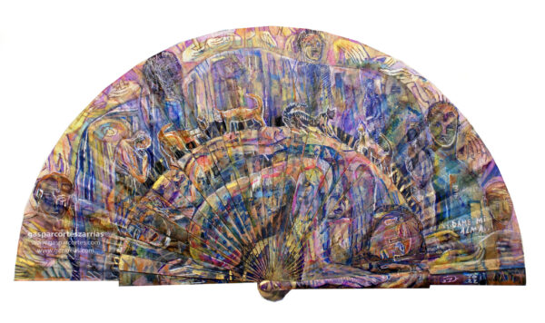 | "DAME MI ALMA Y DÉJAME EN PAZ" | Esmalte, acrílico, tintas chinas, rotuladores |+| sobre abanico en tela blanco. Reverso esmalte blanco línea bronce. Semicírculo 50 cm. Diámetro. 3-8 de agosto 2022.