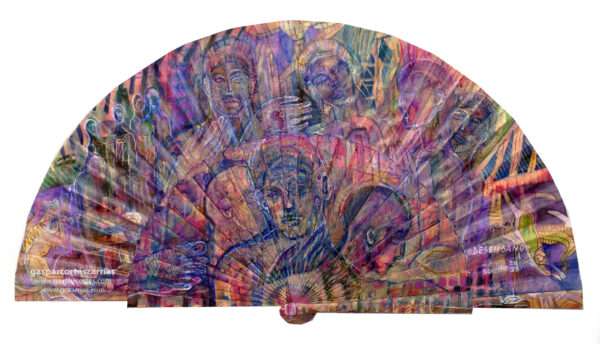 | "DESENGAÑO" | Esmalte, acrílico, tintas chinas, rotuladores, pan de oro, sobre abanico en tela blanco. Reverso esmalte blanco línea bronce. Semicírculo 50 cm. Diámetro. 27-31 de julio 2022.