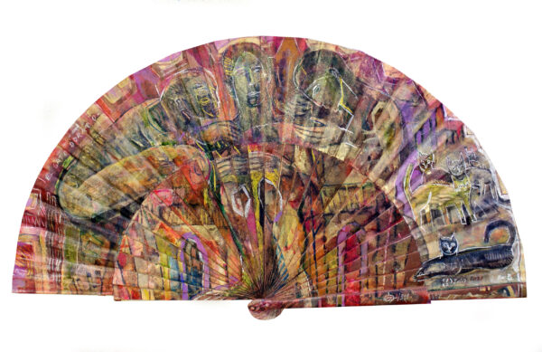 | "EL GATO DORADO" | Esmalte, acrílico, tintas chinas, rotuladores, pan de oro, sobre abanico en tela blanco. Reverso esmalte blanco línea bronce. Semicírculo 50 cm. Diámetro. 20-23 de julio 2021.