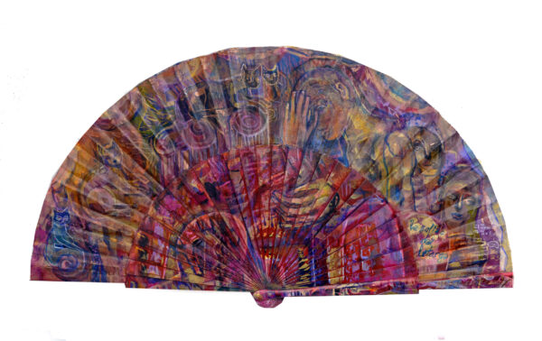 | "EL LETARGO" | | anverso | Esmalte, acrílico, tintas chinas, rotuladores, sobre abanico en tela granate. Reverso esmalte blanco línea bronce. Semicírculo 50 cm. Diámetro.12 de julio 2023.