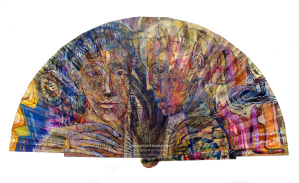 | "LA MANO NEGRA" | Esmalte, acrílico, tintas chinas, rotuladores |+| sobre abanico en tela madera. Reverso esmalte blanco línea bronce. Semicírculo 50 cm. Diámetro. 16-19 de agosto 2022.
