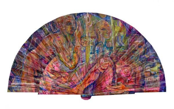 | "IGUAL QUE UN MAL SUEÑO" | | anverso | Esmalte, acrílico, tintas chinas, rotuladores, pan de oro, sobre abanico en tela blanca. Reverso esmalte blanco línea bronce. Semicírculo 50 cm. Diámetro. 08-12 de agosto 2023.