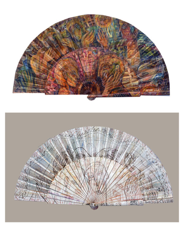 | "NI UNA SÓLA LÁGRIMA" | | anverso y reverso | Esmalte, acrílico, tintas chinas, rotuladores, pan de oro, sobre abanico en tela blanca. Reverso esmalte blanco línea bronce. Semicírculo 50 cm. Diámetro. 15-28 de agosto 2023.