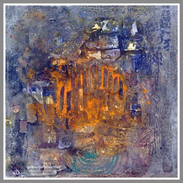 | "ARQUITECTURA INVENTADA" | Collage, Esmalte, pigmentos |+| sobre papel verjurado negro y cartón. 28,5x28,5cm. 2021.