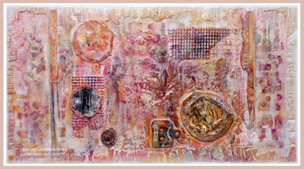 | "BREVE SECUENCIA IV / PAISAJE ACARMINADO" | | Anverso | Objetos encontrados, metal oxidado, Polvo de mármol, pigmentos, esmalte, tinta, pastel, esmalte, óleo |+| sobre maderas ensambladas. 31,5x57cm. Año 2019-23. Finalizado marzo 2023. Colección Particular.