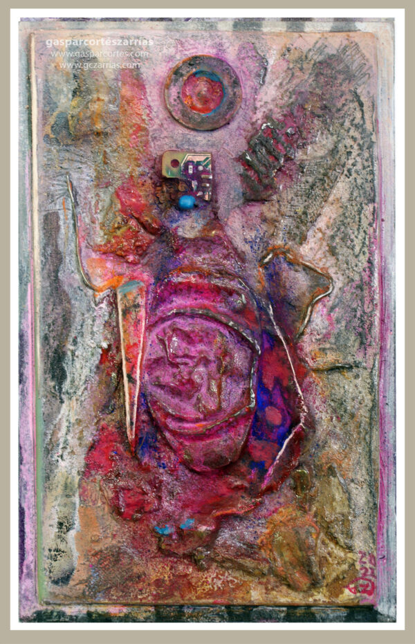 | "EL CENTRO CARMÍN-CARMESÍ" | Collage, metal oxidado, pigmentos, esmalte, tinta, pastel, óleo |+| sobre Cartón montado en madera. 24x15cm. 2022.