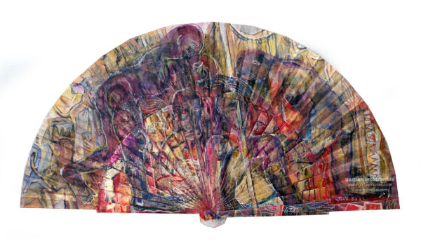 | "ENTENDIMIENTO" | Esmalte, acrílico, tintas chinas, rotuladores, pan de oro, sobre abanico en tela blanco. Reverso esmalte blanco línea bronce. Semicírculo 50 cm. Diámetro. 24-30 de julio 2021.