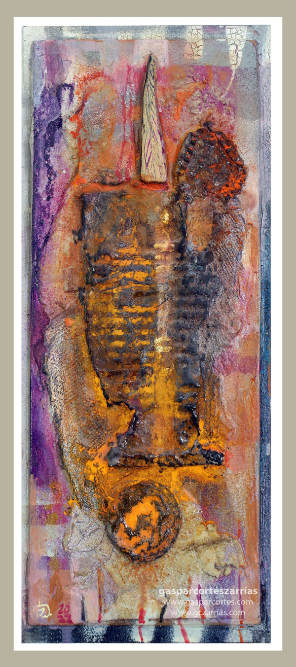 | "EL INVERSO" | Collage, metal oxidado, pigmentos, esmalte, tinta, pastel, óleo |+| sobre madera. 27x11cm. 2022.