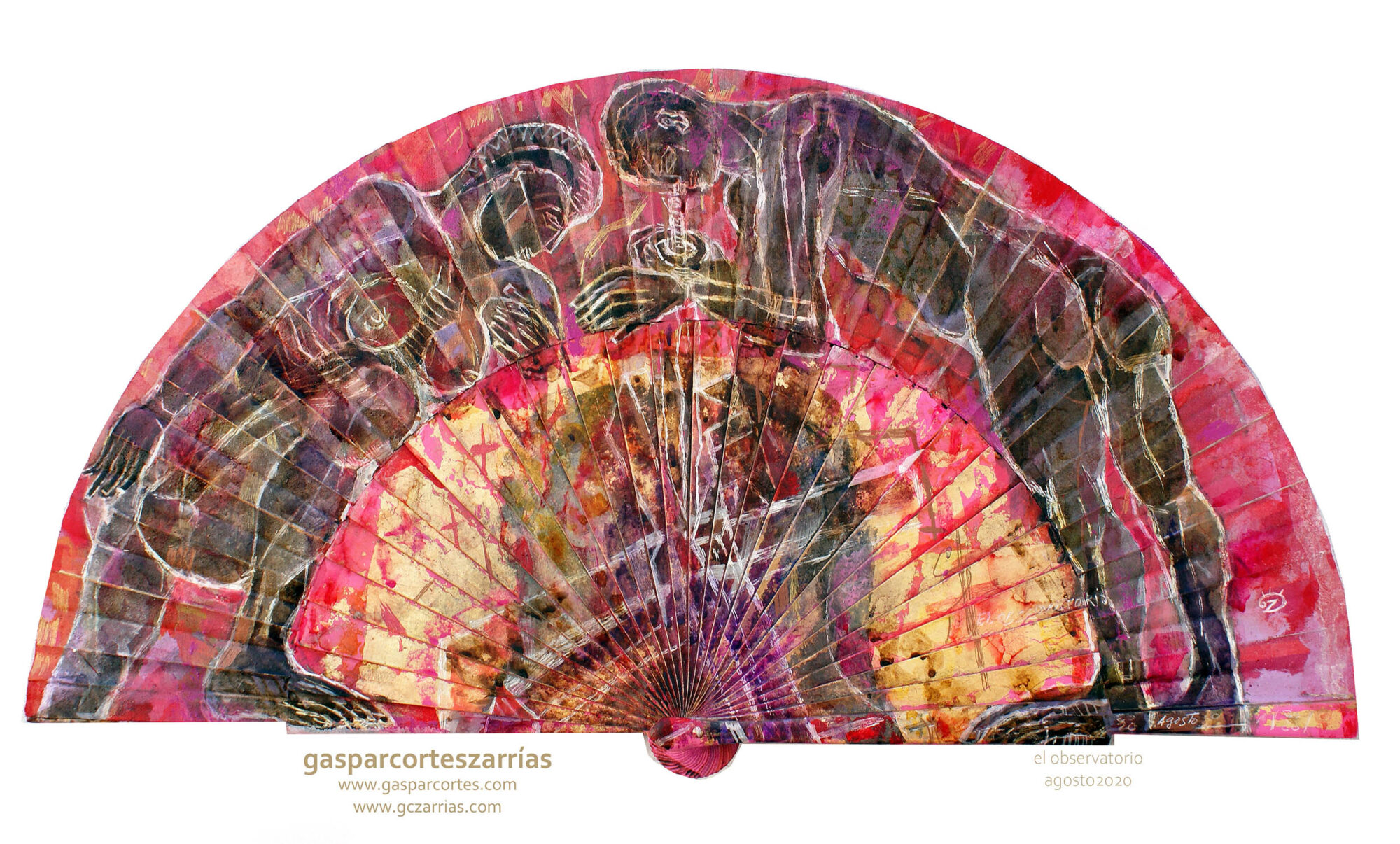 "EL OBSERVATORIO" | Esmalte, acrílico, tintas chinas, rotuladores, pan de oro, sobre abanico en tela fucsia. Reverso esmalte fucsia línea blanca. Semicírculo 50 cm. Diámetro. 22-24 de agosto 2020.