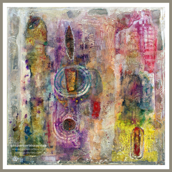 | "ESTADO ATEMPORAL" | Collage, Esmalte, pigmentos, tintas, óleo |+| sobre madera y diversos materiales ensamblados. 37x37cm. 2021.