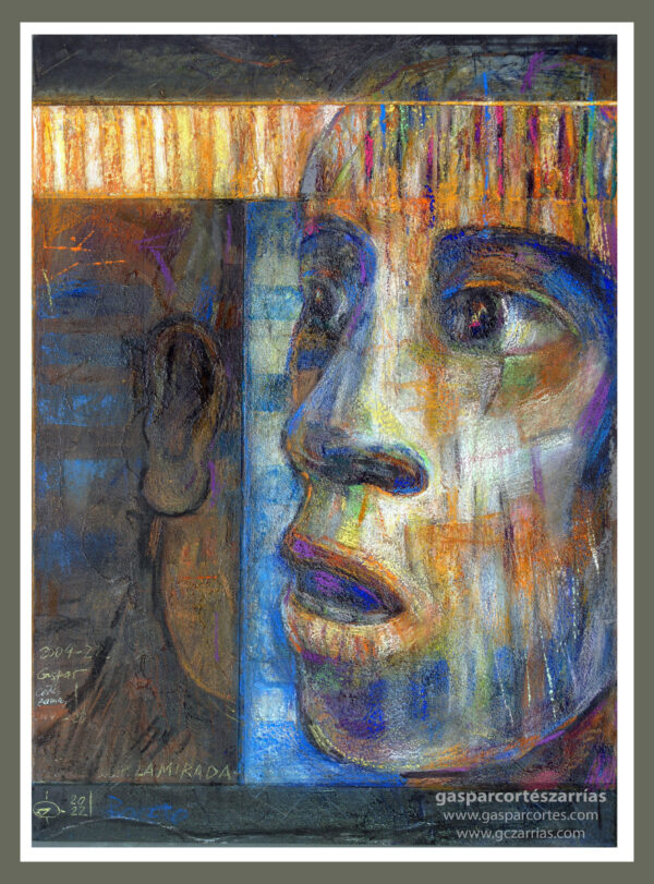 | "LA MIRADA" | | De boceto a revisión | Collage, esmalte, pastel, ceras |+| sobre cartón, papel y lija. 34x24cm. Años Boceto: 2004 revisada y reconstruida a partir de la obra pictórica sobre el boceto: 2022.