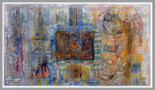 | "SECUENCIA OXIDADA EN EL CENTRO / LA PUERTA DEL TIEMPO" | Objetos diversos, metal oxidado, Polvo de mármol, pigmentos, esmalte, tinta, pastel, esmalte, óleo |+| sobre madera y cartón ensamblados. 44x77cm. 2020-2022. Finalizado finales de diciembre.