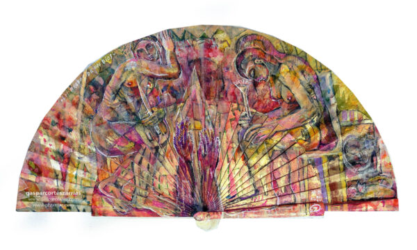 | "LOS BRAZOS DE UN DIOS" | Esmalte, acrílico, tintas chinas, rotuladores, pan de oro, sobre abanico en tela blanco. Reverso esmalte blanco línea bronce. Semicírculo 50 cm. Diámetro.11-17 de agosto 2021.
