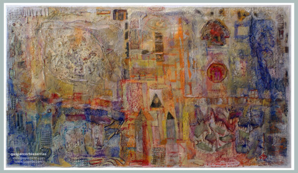 | "SECUENCIA OXIDADA EN EL CENTRO / LA PUERTA DEL TIEMPO" | Objetos diversos, metal oxidado, Polvo de mármol, pigmentos, esmalte, tinta, pastel, esmalte, óleo |+| sobre madera y cartón ensamblados. 44x77cm. 2020-2022. Finalizado finales de diciembre.