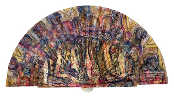 | "SENTADOS / DISTINTAS ACTITUDES" | Esmalte, acrílico, tintas chinas, rotuladores, pan de oro, sobre abanico en tela blanco. Reverso esmalte blanco línea bronce. Semicírculo 50 cm. Diámetro. 3-6 de agosto 2021.