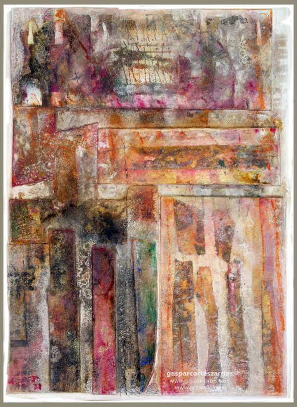 | "TARDE DE DIÁLOGOS I" | Collage, pan de oro, esmalte, tintas |+| sobre cartón montado en madera. 33x24cm. 2021.