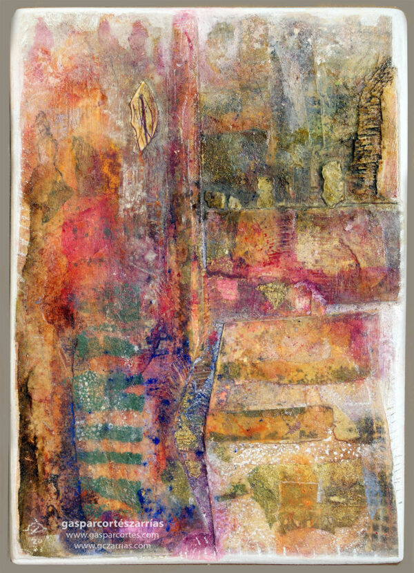 | "TARDE DE DIÁLOGOS II" | Collage, pan de oro, esmalte, tintas |+| sobre cartón montado en madera. 33x24cm. 2021.