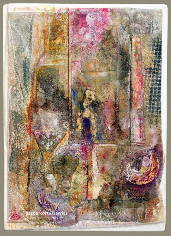 | "TARDE DE DIÁLOGOS III" | Collage, pan de oro, esmalte, tintas |+| sobre cartón montado en madera. 33x24cm. 2021.