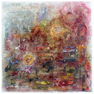 "TIERRAS ROJAS ENSANGRENTADAS" | Collage, Esmalte, acrílico, tintas chinas, rotuladores,  pan de oro, sobre papel verjurado rojo. 22x22cm. Septiembre-diciembre 2020. "TIERRAS ROJAS ENSANGRENTADAS" | Collage, Esmalte, acrílico, tintas chinas, rotuladores, pan de oro, sobre papel verjurado rojo. 22x22cm. Septiembre-diciembre 2020.