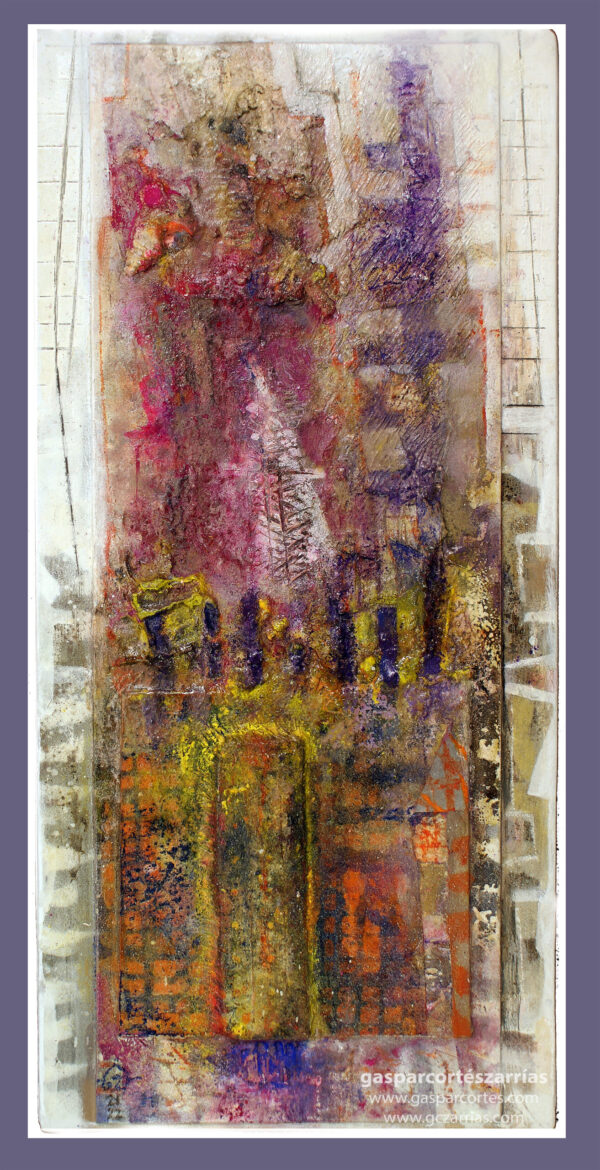 | "TIEMPO FINAL / CUARTO TIEMPO" | Collage, esmalte, tintas, pastel, óleo |+| sobre cartón montado en madera. 49,5x23,2cm. 2021-22.