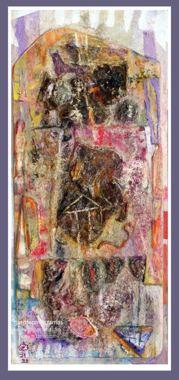 | "TIEMPO VERTICAL" | Collage, metal oxidado, esmalte, tintas, pastel, óleo |+| sobre cartón montado en madera. 41,5x17,5cm. 2022.