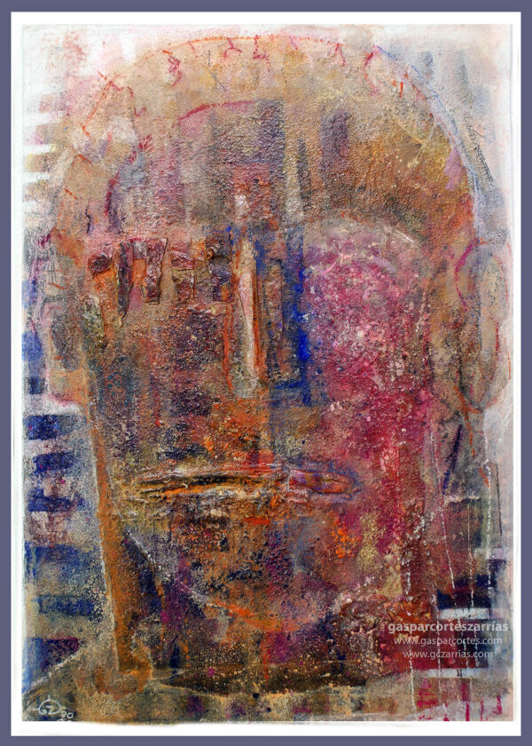 | "CABEZA ATEMPORAL" | Collage, esmalte, tintas, pastel, óleo |+| sobre cartón montado en madera. 35x24cm. 2021.