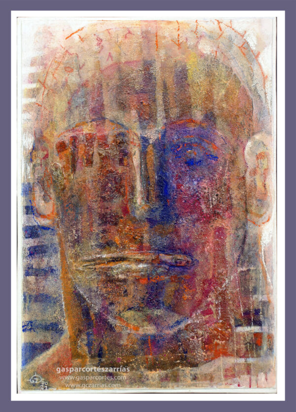 | "CABEZA ATEMPORAL" | Collage, esmalte, tintas, pastel, óleo |+| sobre cartón montado en madera. 35x24cm. 2021-22.