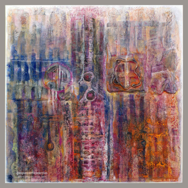 | "ESCALA AL ABISMO" | Collage con diversos objetos, tintas, pigmentos, ácido y óleo sobre madera ensamblada y preparada. 61x61cm. 2021.