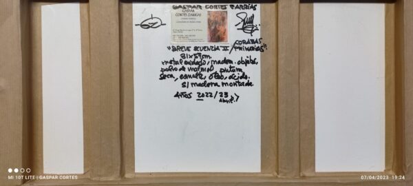 | "BREVE SECUENCIA VI / CORAZAS PRIMARIAS" | | Reverso | Objetos encontrados, metal oxidado, Polvo de mármol, pigmentos, esmalte, tinta, pastel, esmalte, óleo |+| sobre madera y cartón ensamblados. 31x57cm. 2022-23. Finalizado febrero 2023.